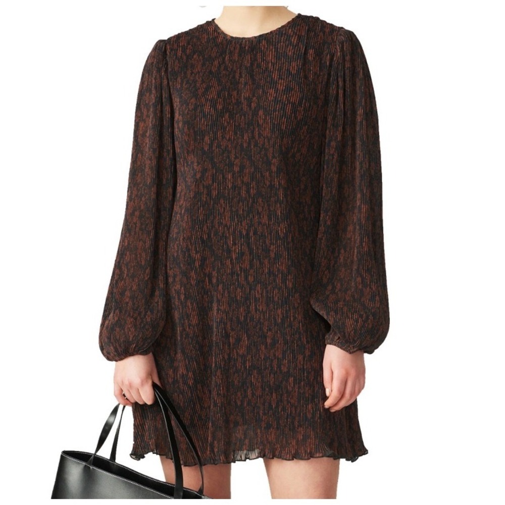 Ganni Georgette Pleated Floral Mini Dress French Roast Long Balloon Sleeve‎